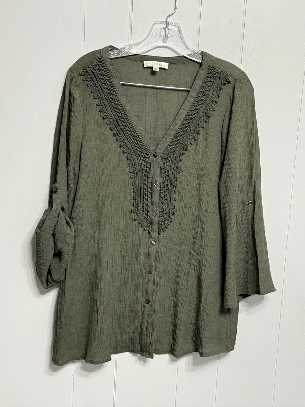 #19)  Spense Olive Green V-Neck Button-Front Tunic with Crochet trim